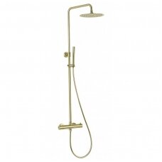 Braižyto aukso plieninis termostatinis dušo stovas, rain shower set with bath spout Cherry, brushed gold